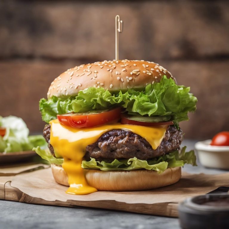 A juicy hamburger. Close-up shot featuring a thick beef patty, melted cheese, crispy lettuce, ripe tomatoes