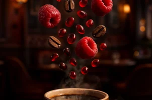 Artistic coffee concept visual — rich, flavorful, and infused with notes of raspberry and pomegranate. Perfect for premium café branding.