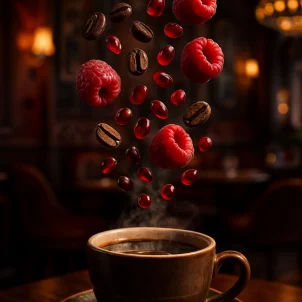 Artistic coffee concept visual — rich, flavorful, and infused with notes of raspberry and pomegranate. Perfect for premium café branding.