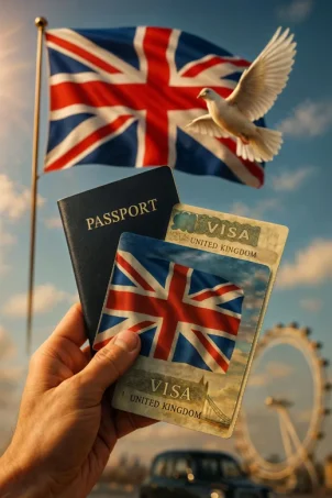 A professional visual designed for UK visa services, evoking trust, freedom, and the start of a dream journey through iconic British elements