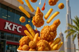 Dynamic food ad for KFC Dubai — crispy, bold, and bursting with flavor near Burj Khalifa.