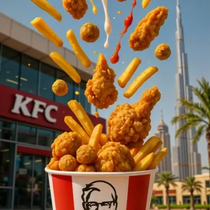 Dynamic food ad for KFC Dubai — crispy, bold, and bursting with flavor near Burj Khalifa.